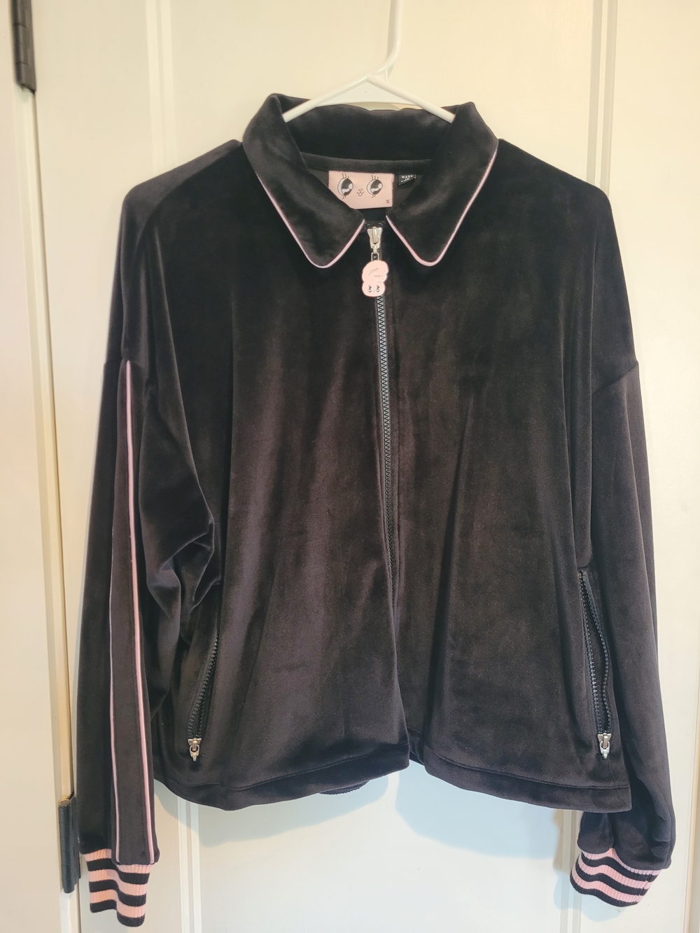 Lazy Oaf x Esther Kim Bunny Velour Track Jacket Black Pink Zip Up Small